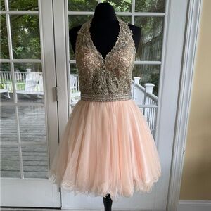 Light Pink Short Halter Dress with Gold Lace and Aurora Borealis Crystals